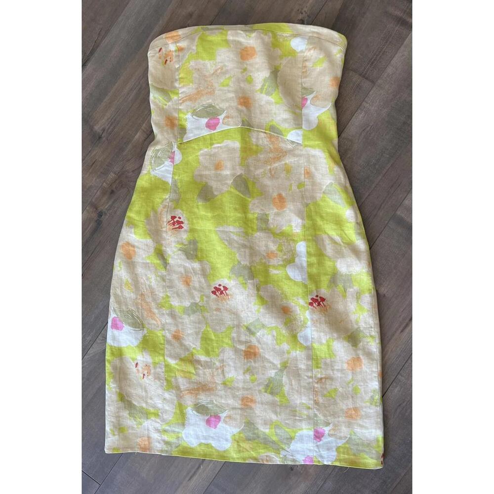 J Crew 100% Linen Strapless Dress Size 4 Floral Wedding Beach Boho Hamptons